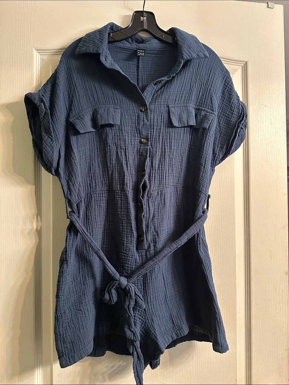Blue Women's Gauze Button-Front Romper with Tie Waist